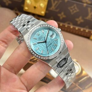 Rolex Land-Dweller 127336 Ice Blue Dial Honeycomb Pattern Replica Watches Diamonds CZ Baguette Custom 40mm