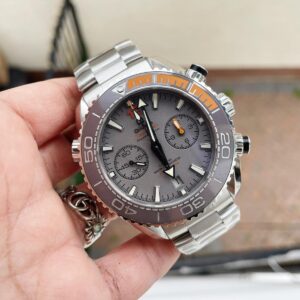 Planet Ocean SEAMASTER Chronometer OMF SS Grey/Orange Polished Bezel Grey Dial on SS Bracelet A9900 (Black Balance Wheel