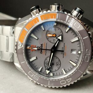 Planet Ocean SEAMASTER Chronometer OMF SS Grey/Orange Polished Bezel Grey Dial on SS Bracelet A9900 (Black Balance Wheel