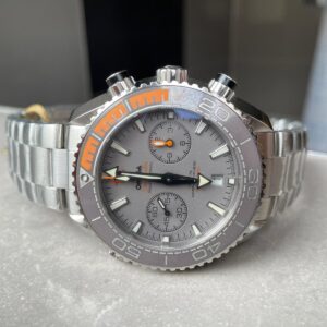 Planet Ocean SEAMASTER Chronometer OMF SS Grey/Orange Polished Bezel Grey Dial on SS Bracelet A9900 (Black Balance Wheel